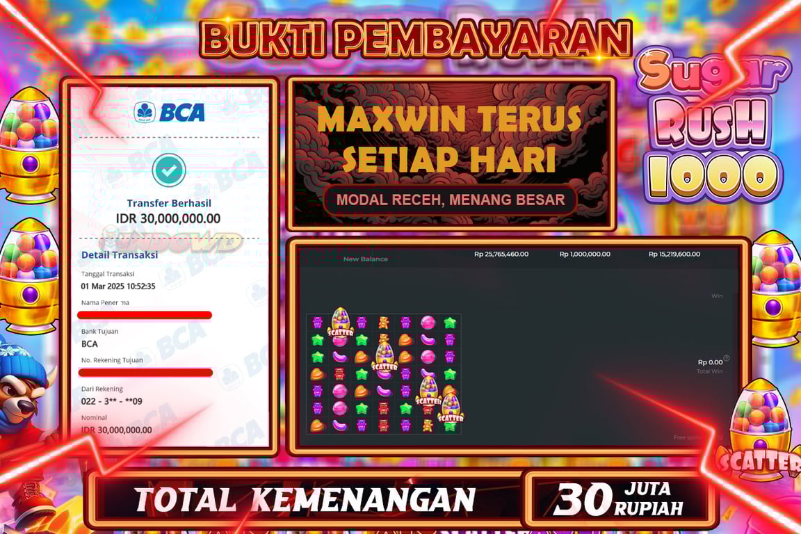 INDOWD JACKPOT SLOT SUGAR RUSH 1000 Rp30.000.000,- LUNAS