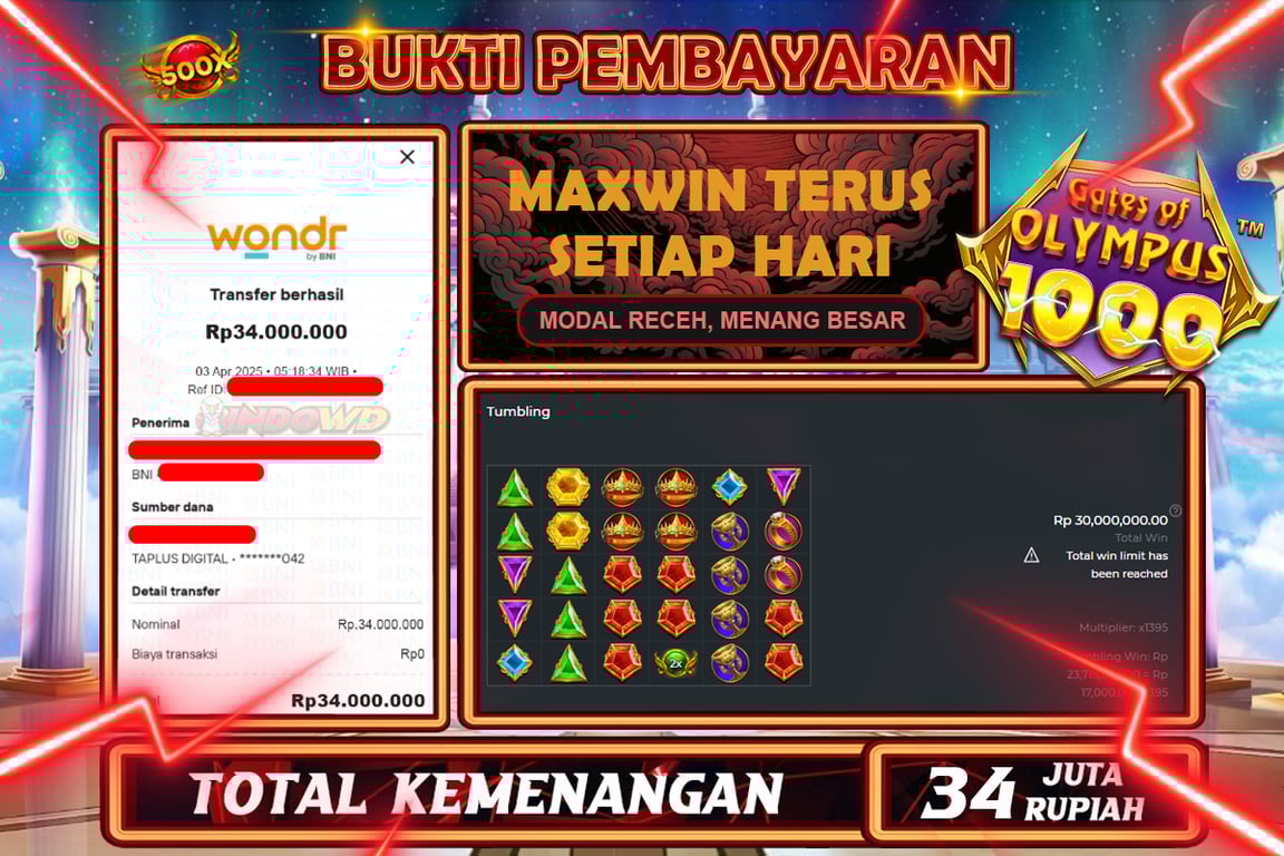 INDOWD JACKPOT SLOT GATES OF OLYMPUS 1000 Rp34.000.000,- LUNAS