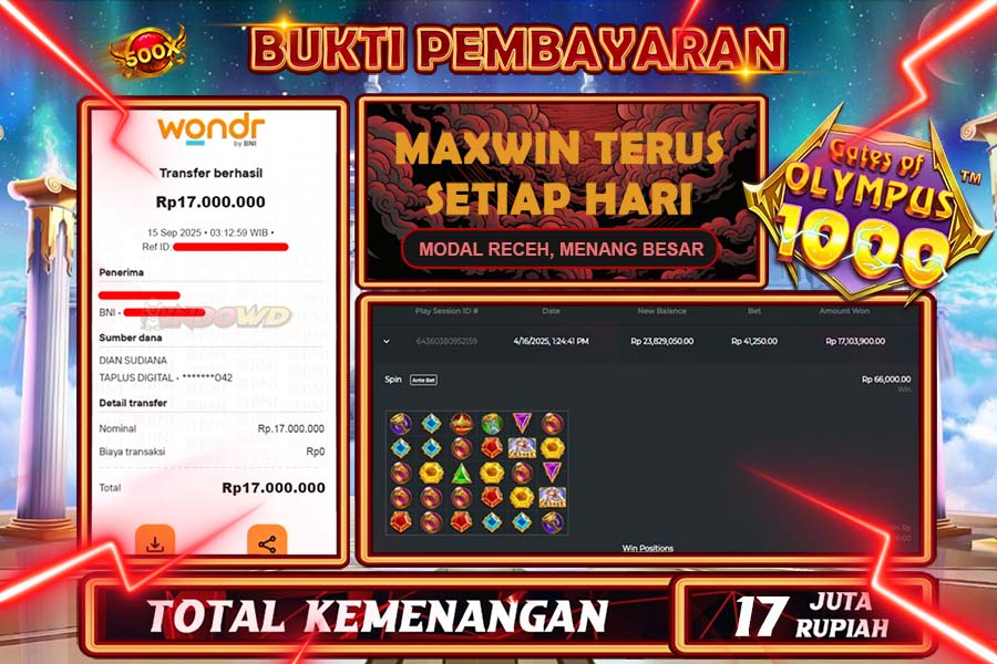 INDOWD JACKPOT SLOT GATE OF OLYMPUS 1000 Rp17.000.000,- LUNAS