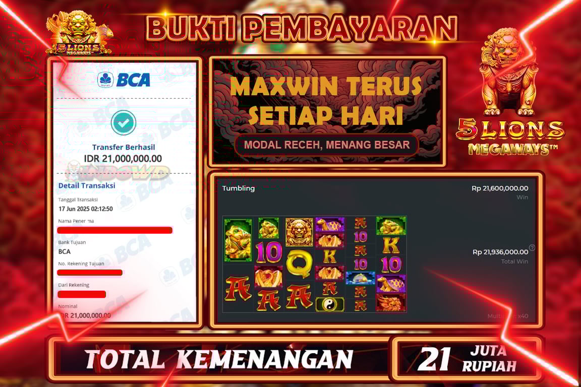 INDOWD JACKPOT SLOT 5 LIONS MEGAWAYS Rp21.000.000,- LUNAS
