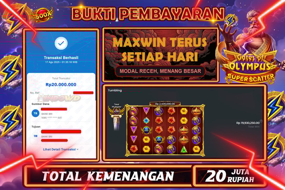 INDOWD JACKPOT SLOT GATES OF OLYMPUS SUPER Rp.20.000.000,- LUNAS
