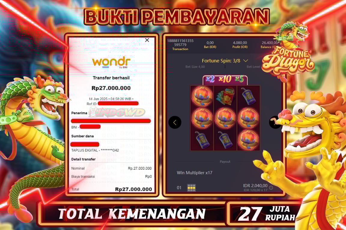INDOWD JACKPOT SLOT FORTUNE DRAGON Rp27.000.000,- LUNAS