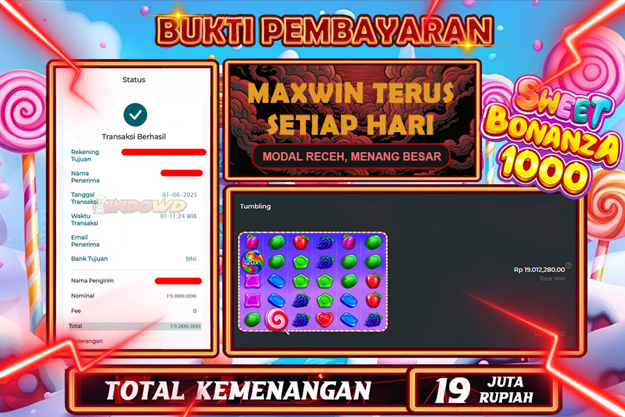 INDOWD JACKPOT SLOT SWET BONANZA 1000 Rp19.000.000,- LUNAS