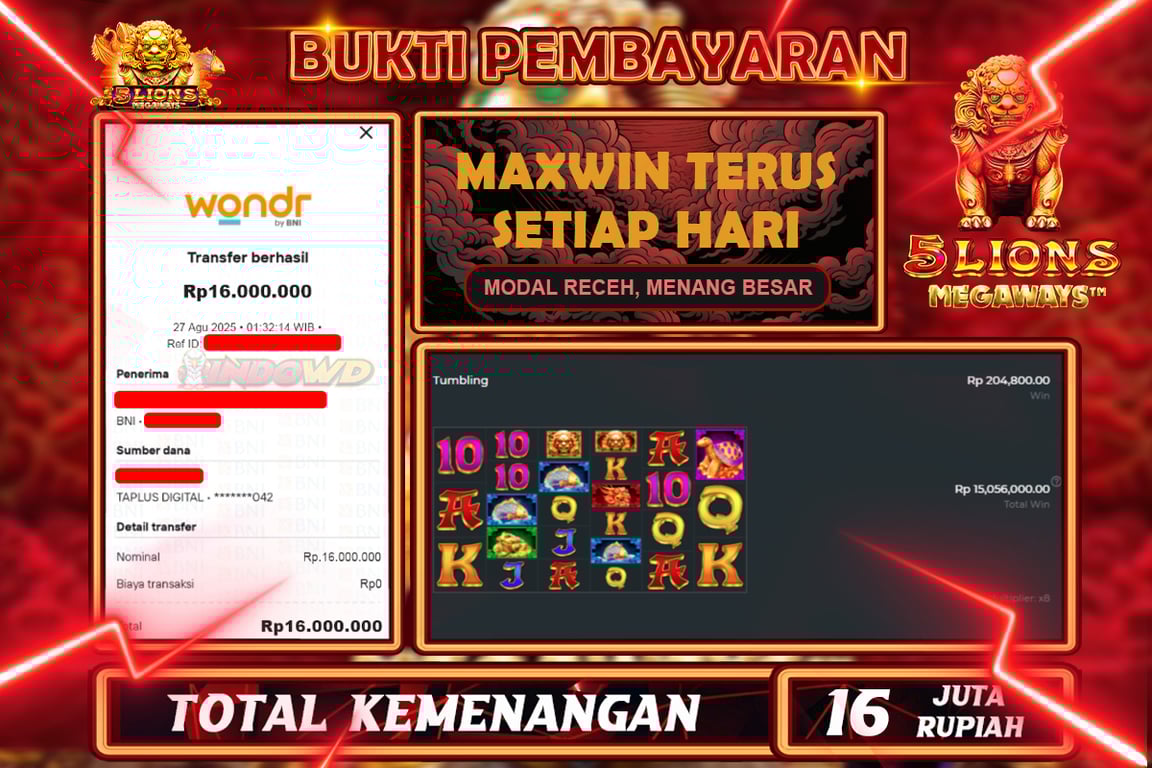 INDOWD JACKPOT SLOT 5 LION MEGAWAYS Rp16.000.000,- LUNAS