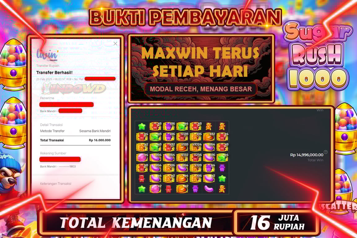 INDOWD JACKPOT SLOT SUGAR RUSH 1000 Rp16.000.000,- LUNAS