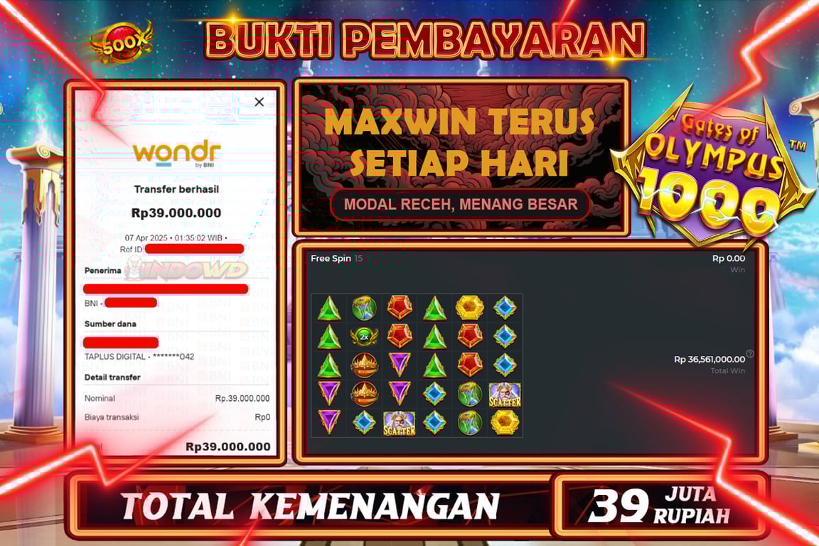 INDOWD JACKPOT SLOT GATES OF OLYMPUS 1000  Rp39.000.000,- LUNAS