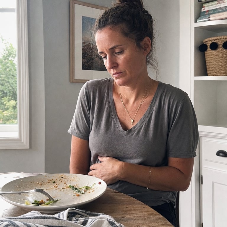 A person resting a hand on a bloated stomach after a meal