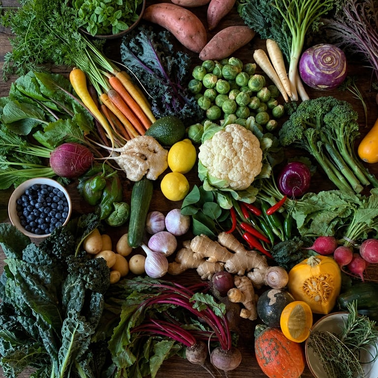 A wide spread of colorful whole-food plants and vegetables arranged on a counter