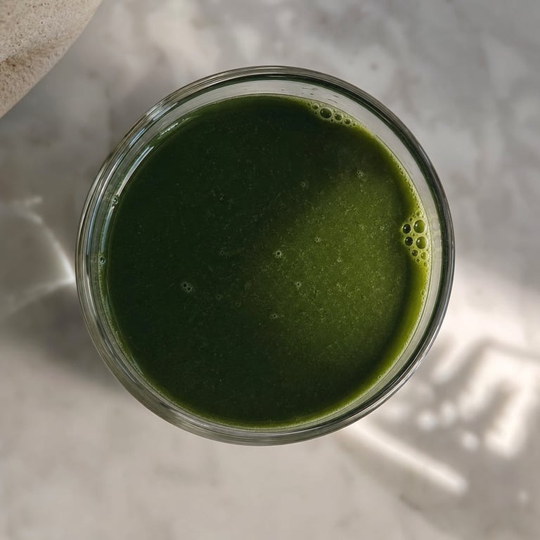 A glass of green powder mixed with water on a kitchen counter