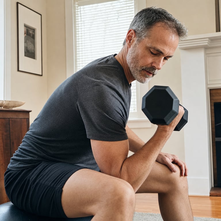 An adult doing a focused resistance-training set at home