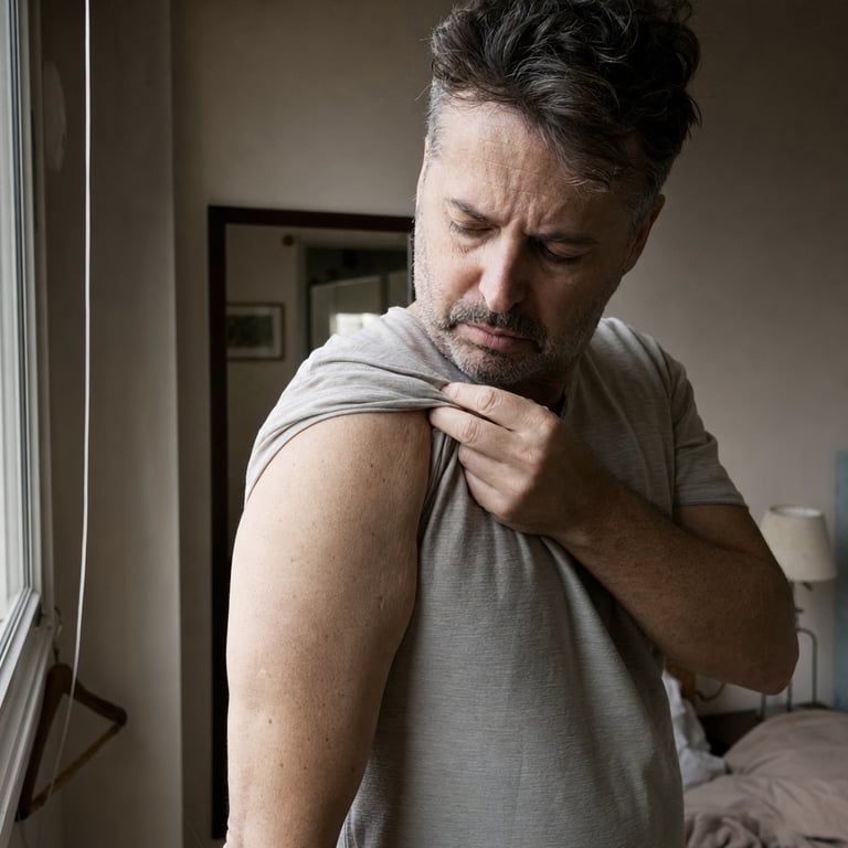 A fit, lean man in his late forties with a solid frame and defined shoulders, calm and confident