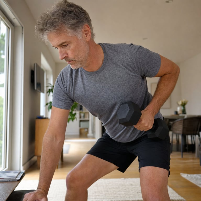 A man in his forties lifting heavy dumbbells in the gym