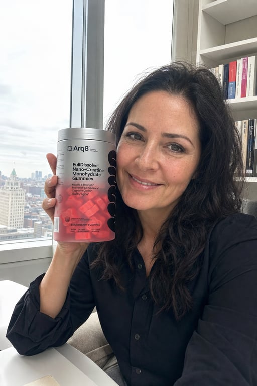 A woman in her fifties at her desk, smiling and holding up a jar of Arq8 nano-creatine gummies