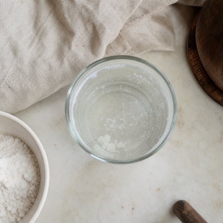 A glass of gritty undissolved creatine powder next to a clean Arq8 gummy