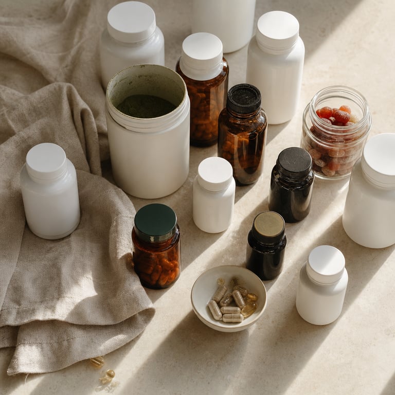 A pile of supplement bottles and a greens jar