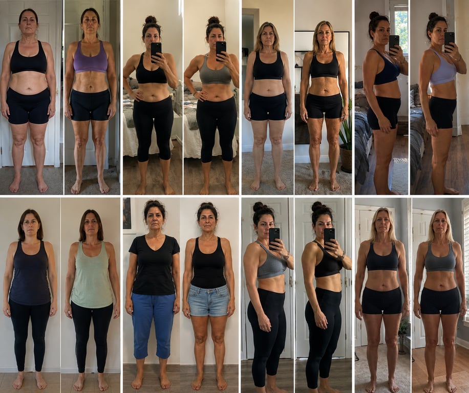 A grid of progress photos: women in midlife at different points of rapid weight loss