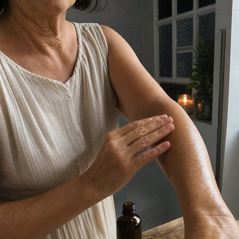 A mature woman's hands smoothing golden body oil along her forearm