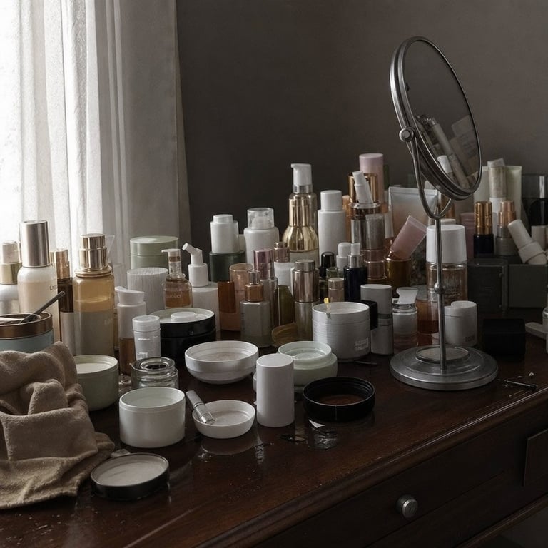 A dressing table crowded with used cream jars, some with their lids off