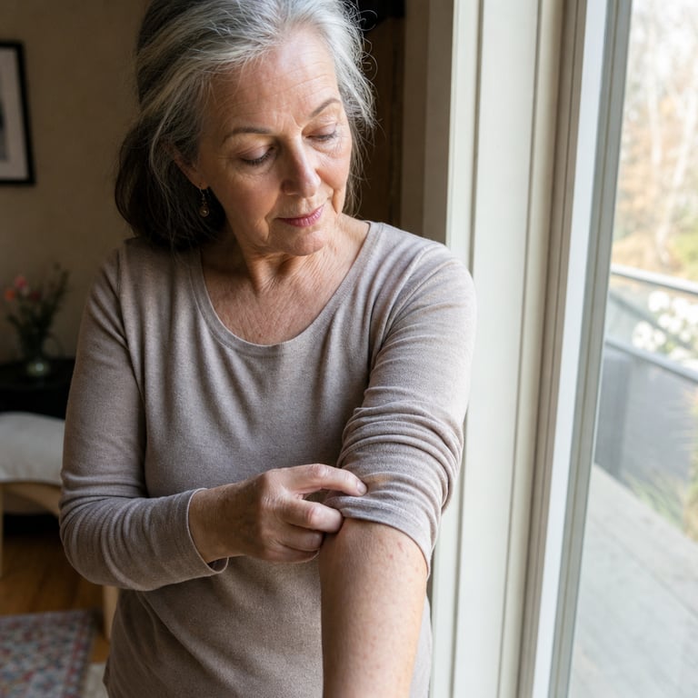 A woman in her late sixties by a bright window, looking at the skin texture on her forearm
