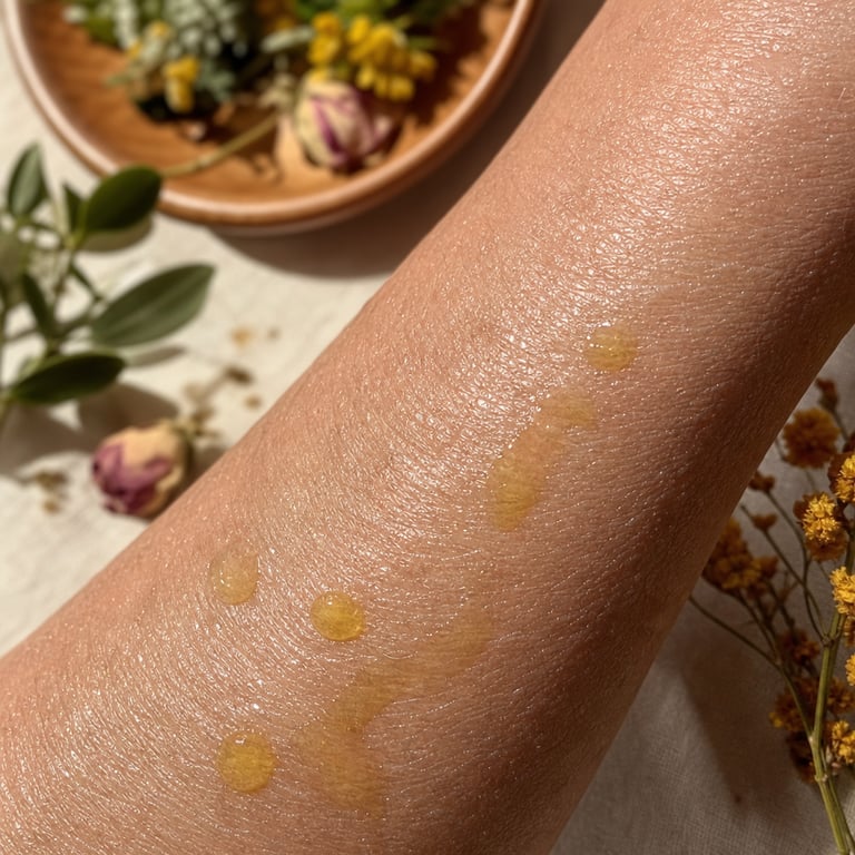 Golden oil drops absorbing into the textured skin of a mature forearm