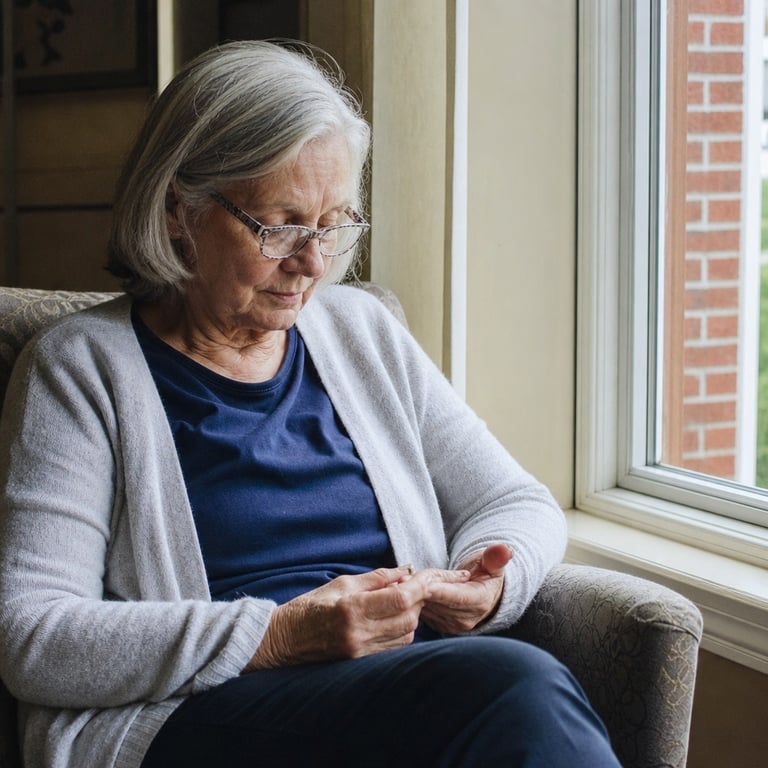 A calm woman in her seventies by a window looking thoughtfully at her hands