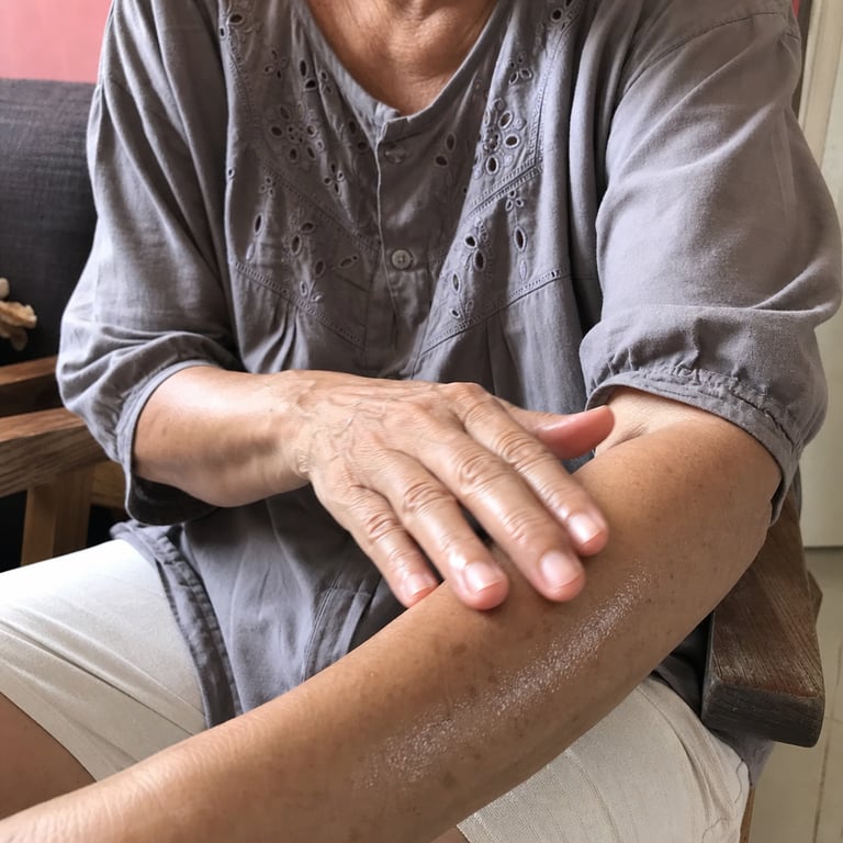 An older woman's hands gently smoothing golden body oil along her thin forearm