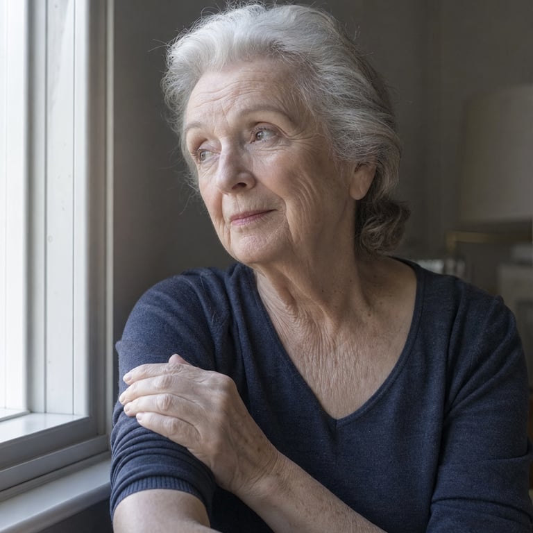 A woman in her early seventies by a soft-lit window, gently resting a hand over her thin forearm