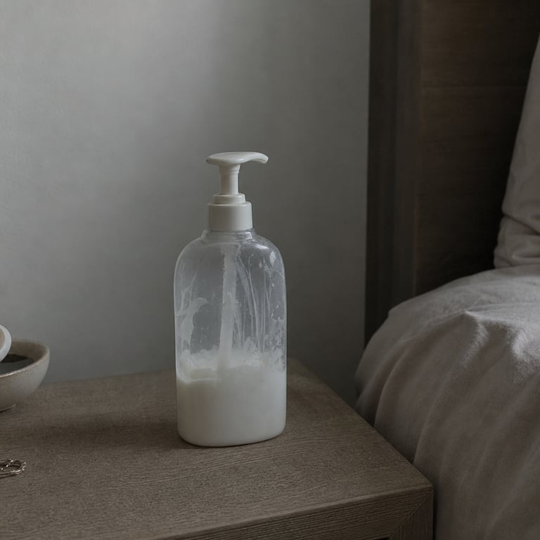 A half-used pump bottle of plain white body lotion on a bedside table