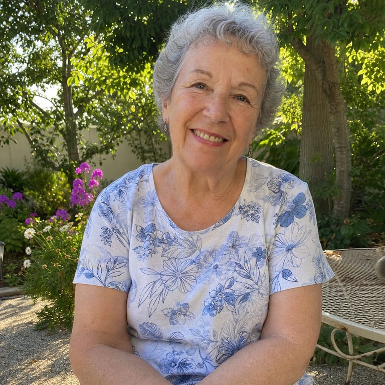 A serene smiling woman in her early seventies in a short-sleeved blouse in a garden, forearms relaxed