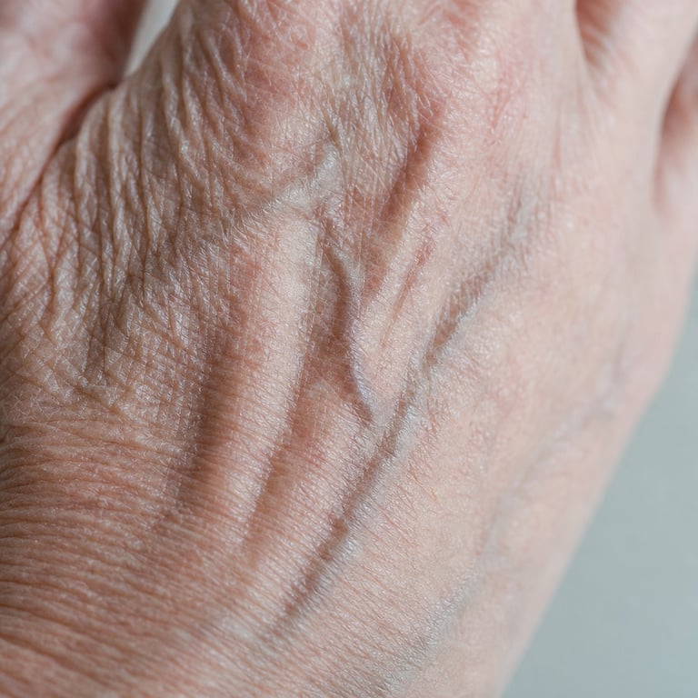 Very thin, fragile skin on the back of an older hand with visible veins and fine crinkling