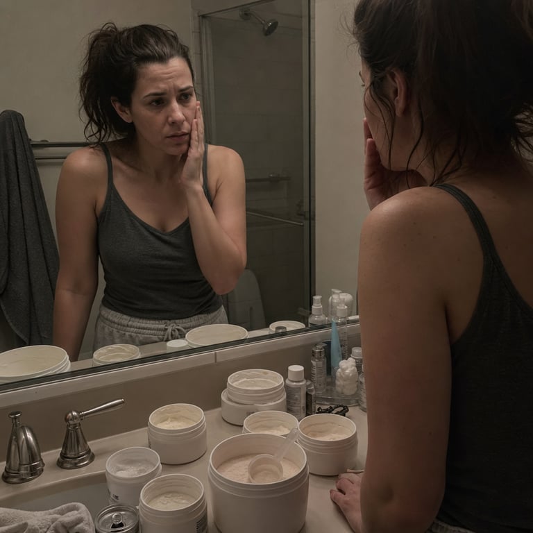 A bathroom counter cluttered with half-used firming cream jars and a tub of collagen powder