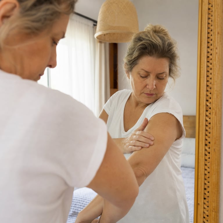 A woman in her fifties standing at a bedroom mirror in a loose t-shirt, looking at her upper arm in soft morning light