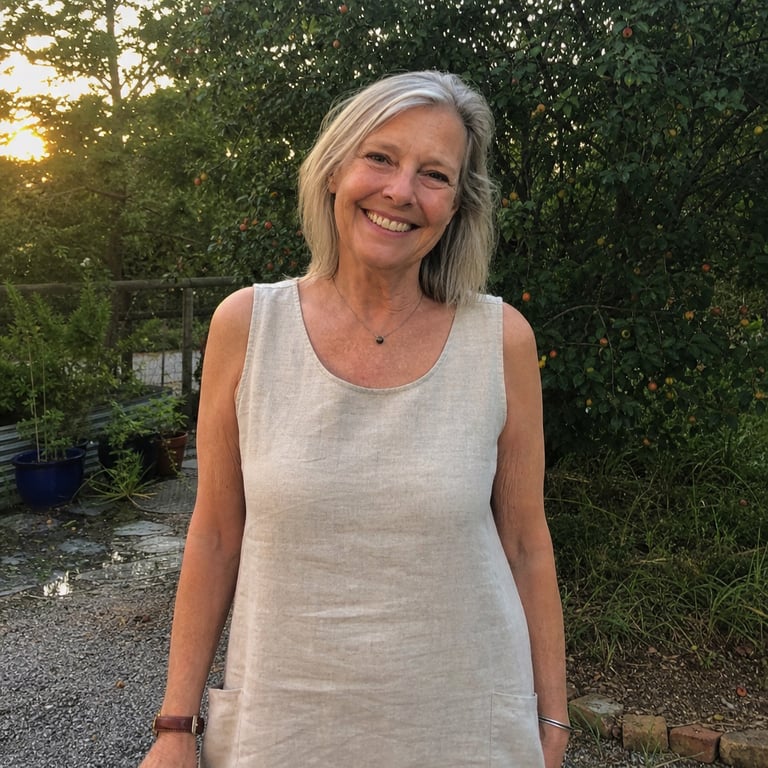 A smiling woman in her late fifties in a sleeveless linen dress outdoors, arms relaxed and visible