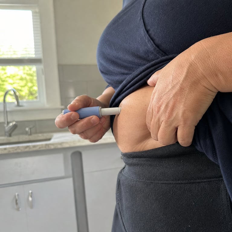 A woman holding a GLP-1 weight-loss injection pen against her stomach in her kitchen