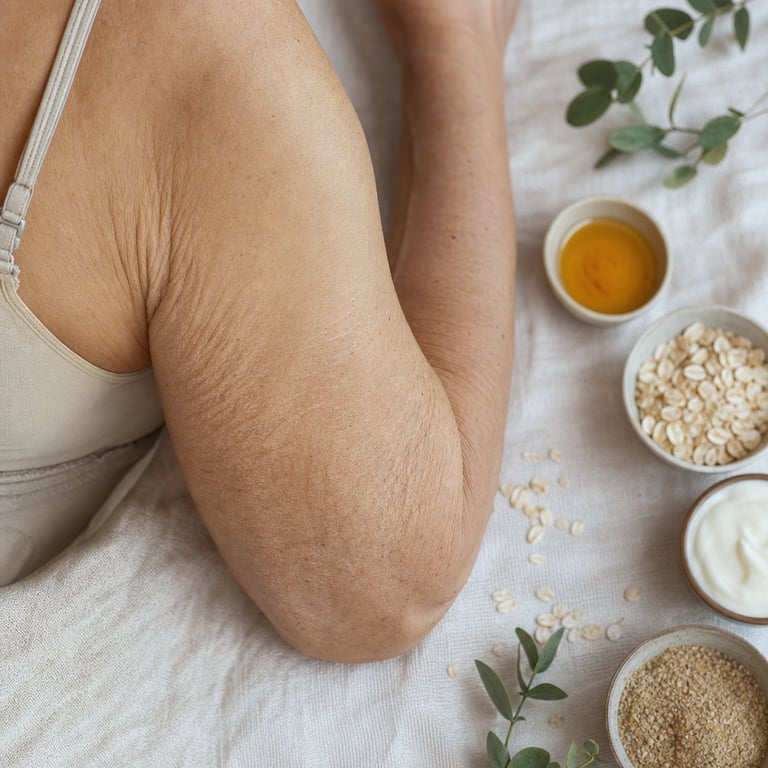 Loose, crepey skin on the upper arm of a woman after significant weight loss