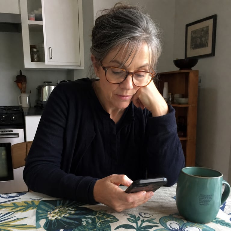 A woman in her fifties at a kitchen table in morning light, reading on her phone with a mug of tea
