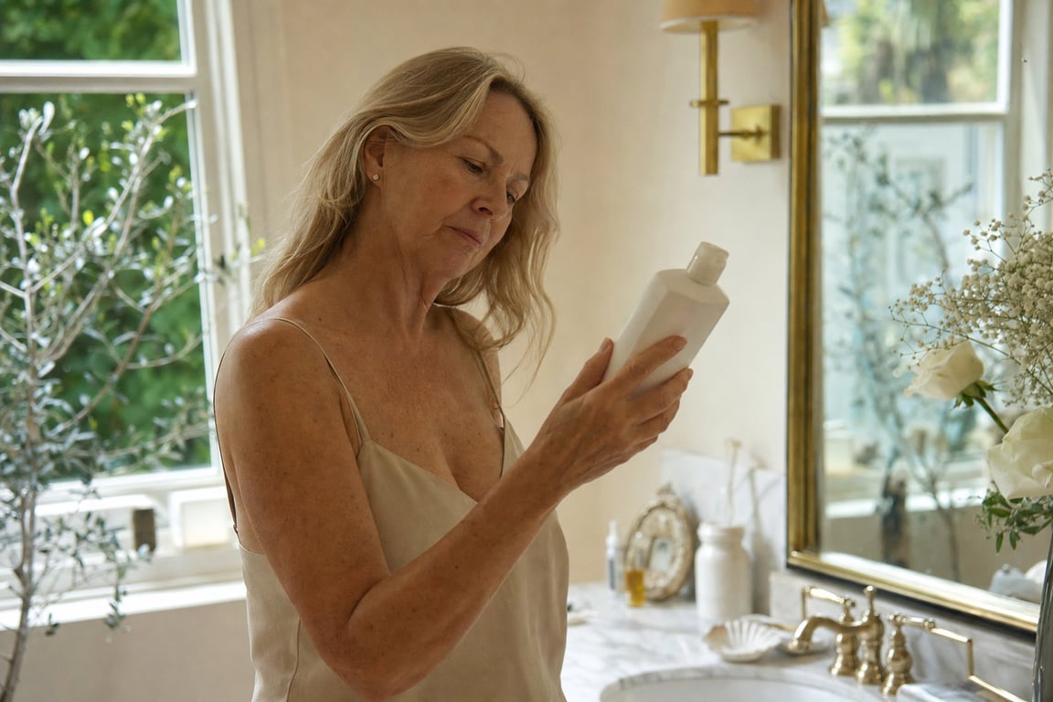 A woman at a bright bathroom sink turning a body-lotion bottle over to read the back label in soft morning light