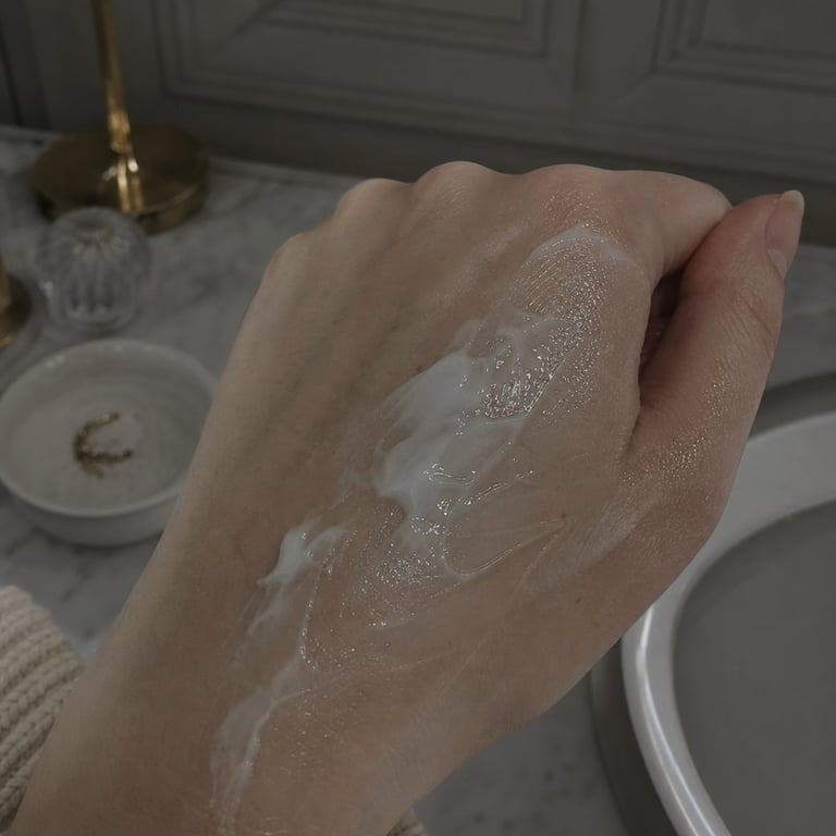 A white lotion smeared on the back of a hand, sitting on top of the skin with a slightly greasy sheen, not absorbing