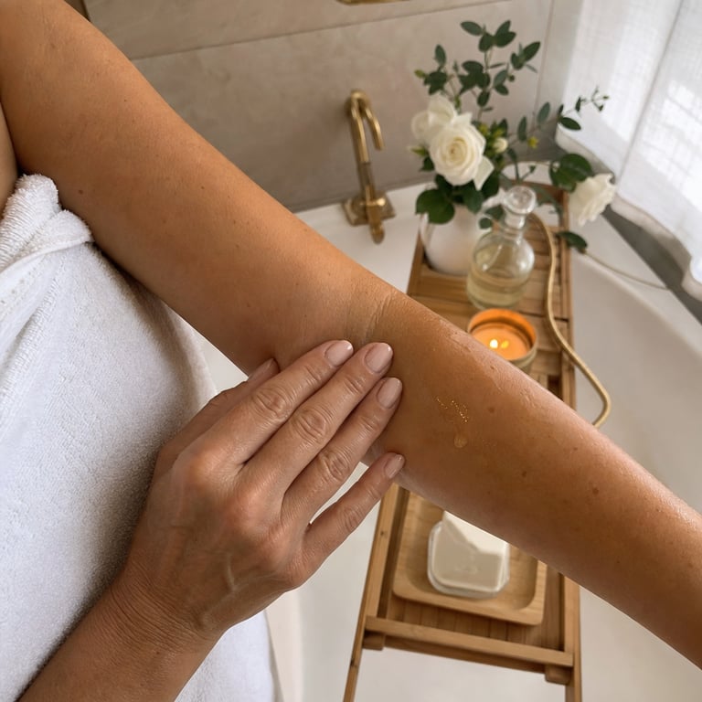 A woman's hands smoothing a few drops of golden body oil onto her damp forearm just after a shower