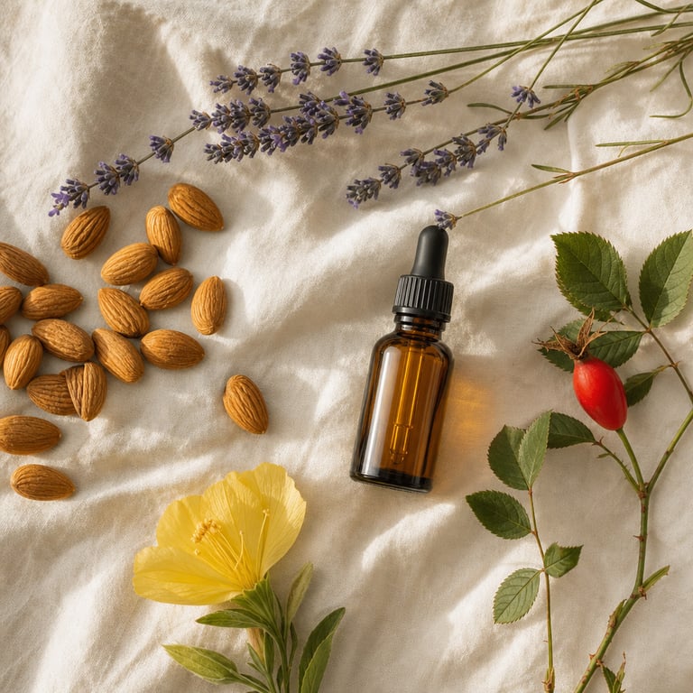 Flatlay of sweet almonds, a sprig of lavender, a rosehip, an evening primrose flower and a small amber dropper bottle of oil on cream linen