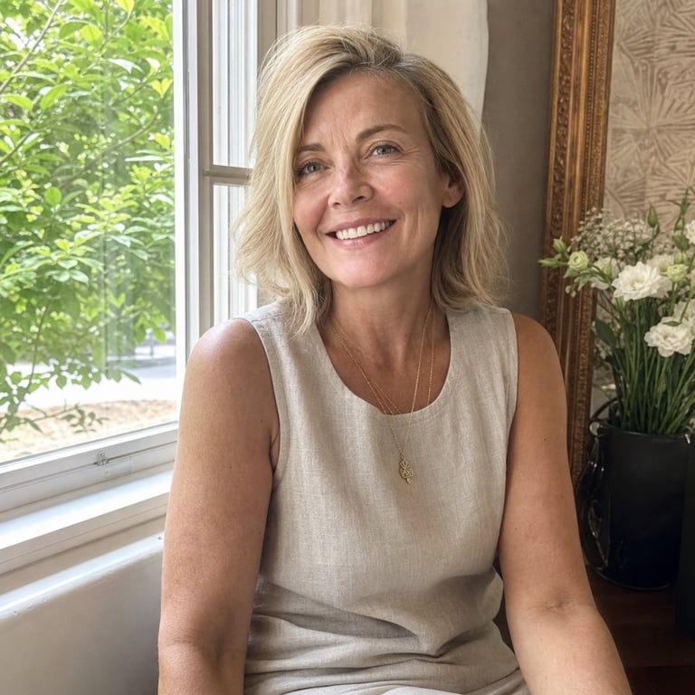 A smiling woman in her late fifties in a sleeveless linen top by a window, showing smooth, relaxed arms in natural light