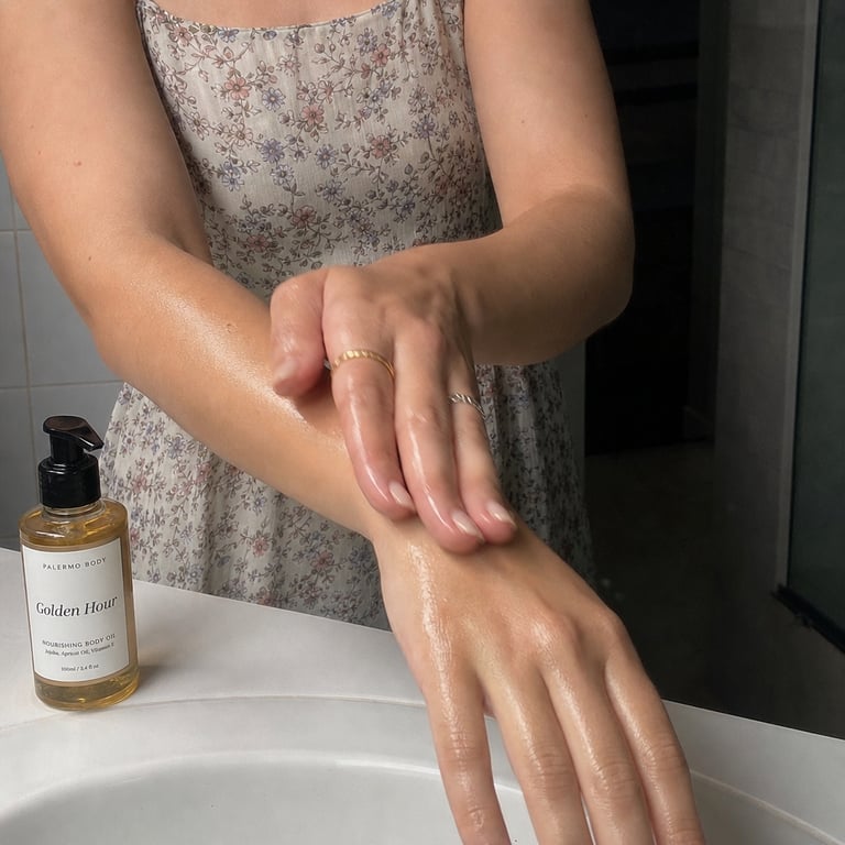 A woman smoothing golden body oil onto her forearm and the back of her hand