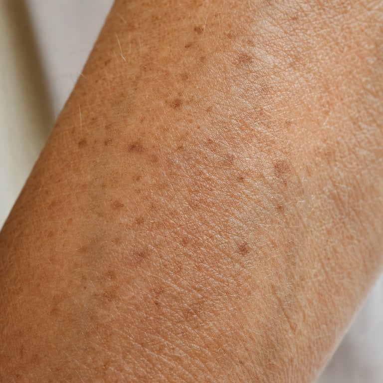 Close-up of mature forearm skin showing sun spots, freckling and a crepey texture