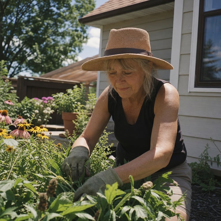 A woman gardening outdoors in summer sun without sleeves