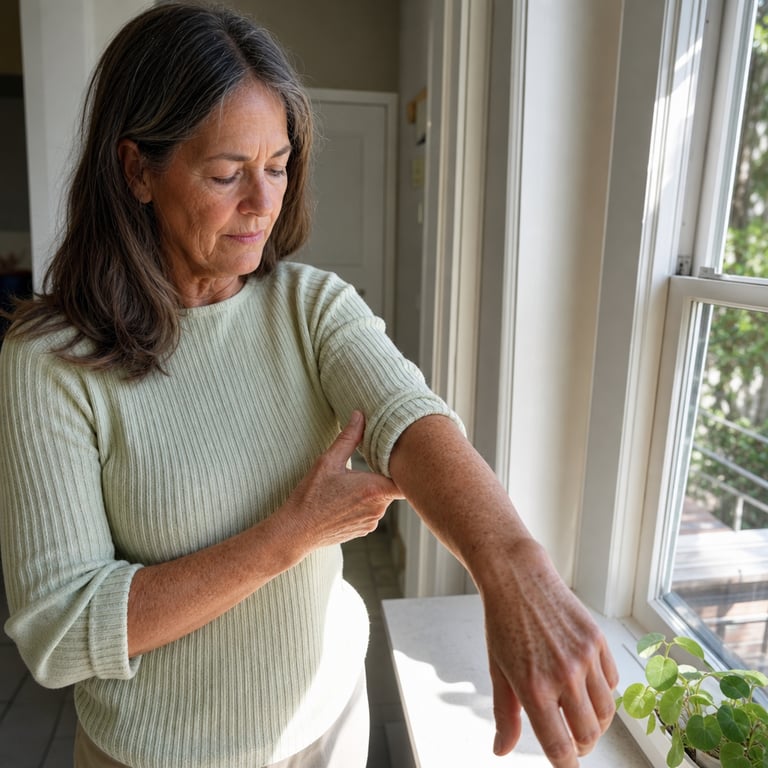 A woman in her early sixties by a sunlit window, looking at the freckled, sun-spotted skin on the back of her forearm