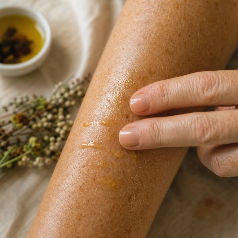 Golden oil drops absorbing into sun-freckled mature forearm skin