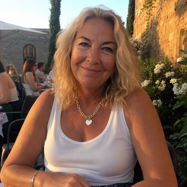 A confident woman in her early sixties outdoors in a sleeveless summer top, forearms relaxed and visible