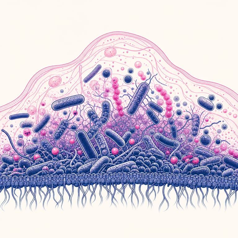 Botanical illustration of a biofilm matrix sheltering microbes