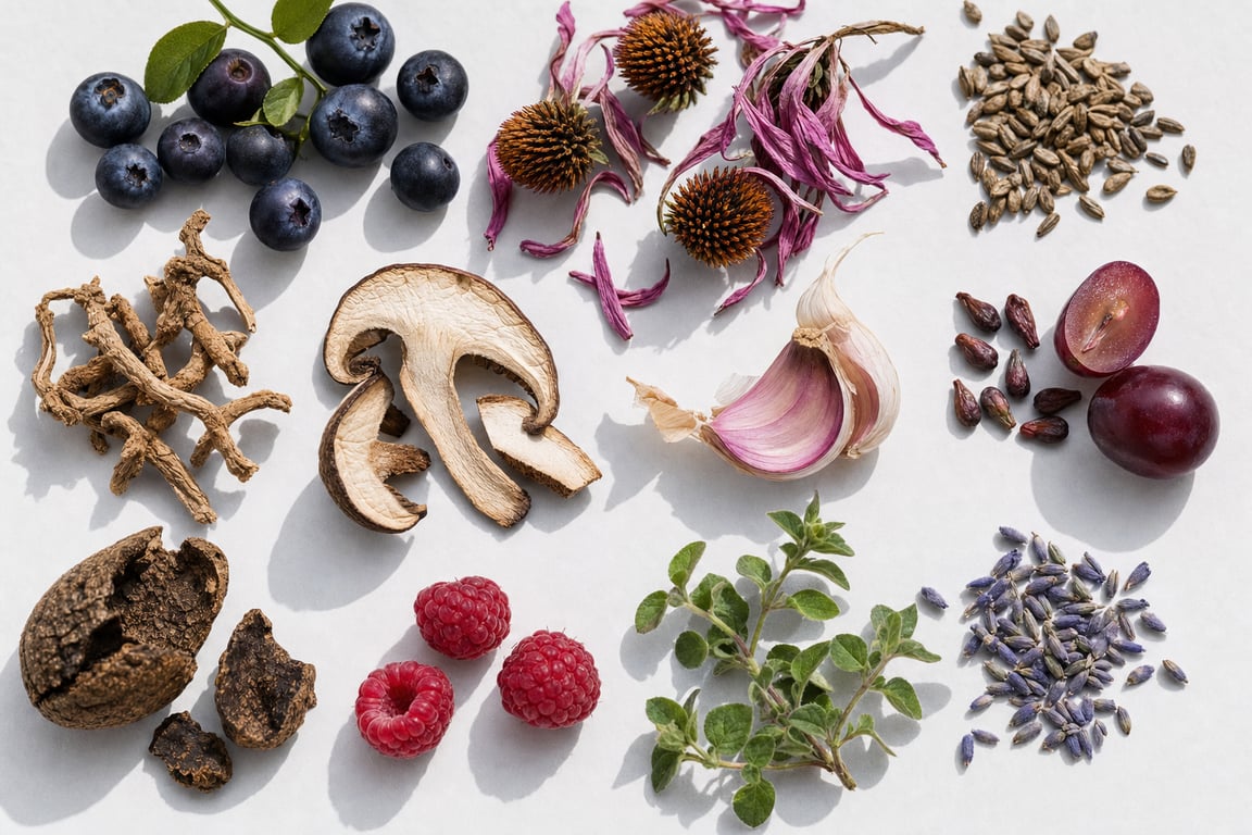 Apothecary flat lay of the 18 botanicals in Biocidin: bilberry, milk thistle, goldenseal, shiitake, garlic, oregano, others