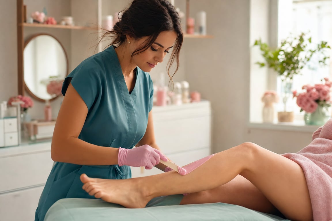 Professional esthetician applying pink Plumeria hard wax in a modern wax studio